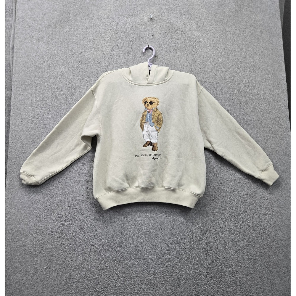 VINTAGE Polo Ralph Lauren Women Hoodie S Ivory Bear Logo Graphic Fleece READ